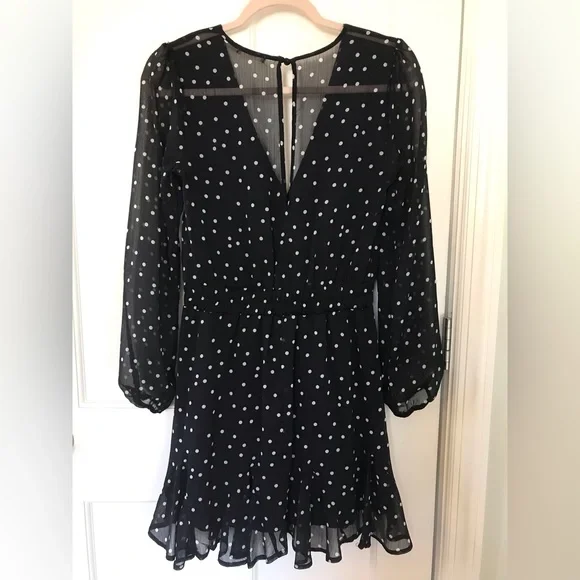 Mi Ami Black Chiffon V neck Mini Dress with White Polka Dots Size Small - Picture 2 of 8